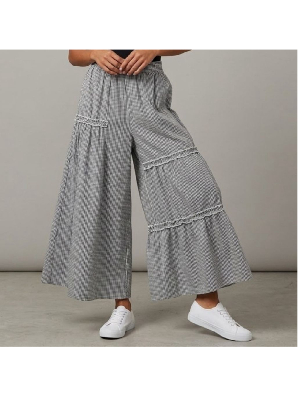 FARROW Gingham Wide Leg Pants Lagenlook Tiered Cropped Palazzo Culottes Large